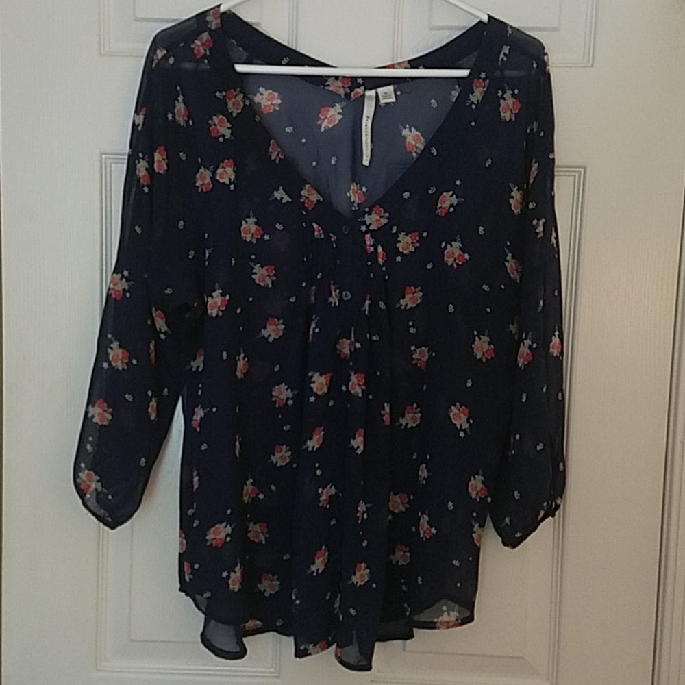 Flowy Blouse / Tunic Blue With Flowers XL Sheer